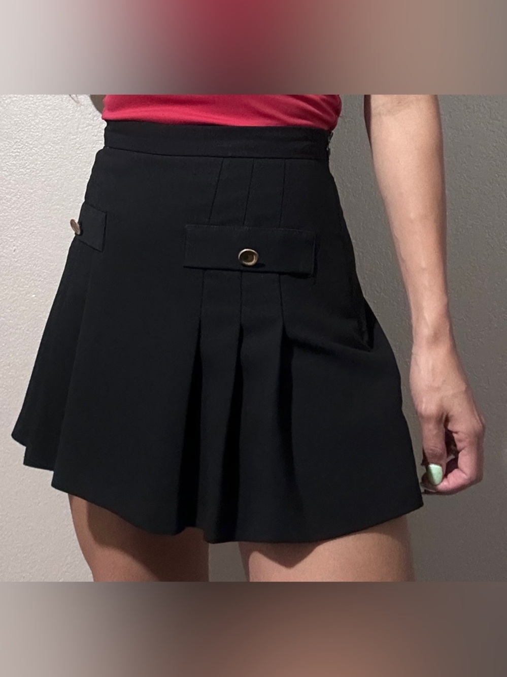 Zara Black Mini Skirt with Pleats and Buttoned Flap Pockets